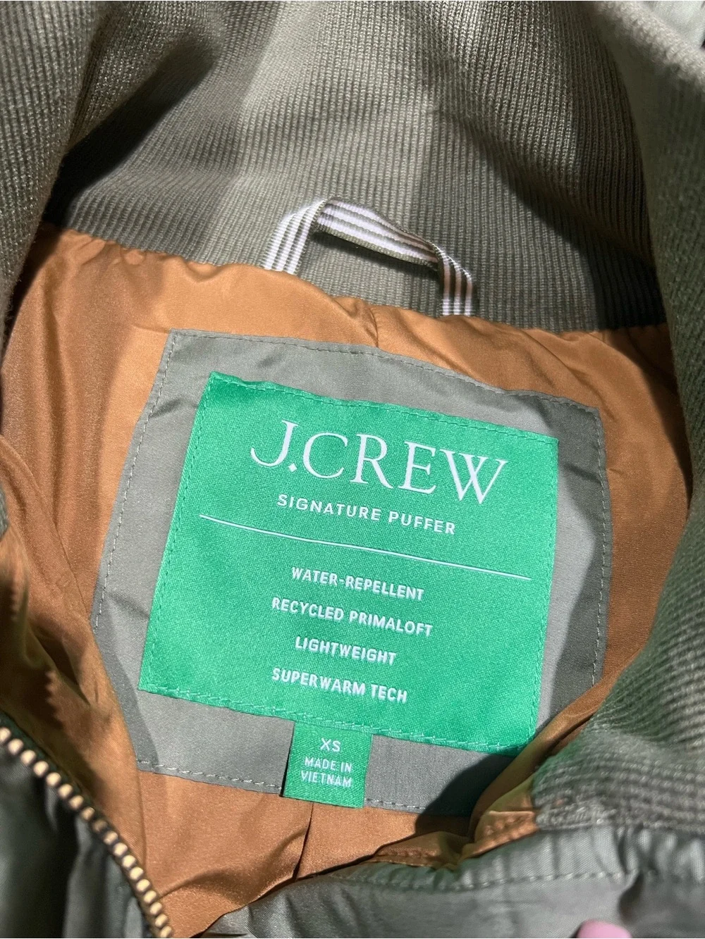 J. Crew Olive Green Superwarm Tech Puffer Water-Repellent Coat w/ PrimaLoft XS